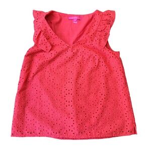 Lilly Pulitzer Lina Eyelet Top Sz Small Spicy Coral Neon Sunburst Eyelet Preppy